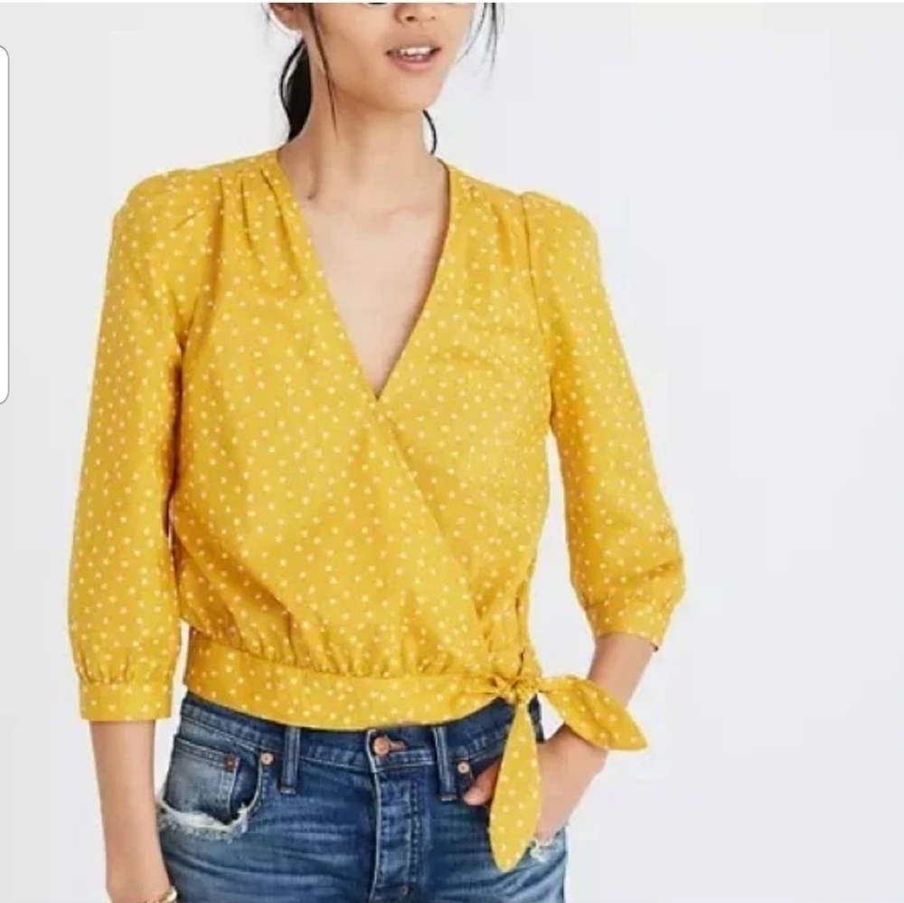 NWT Madewell Star Scattered Print Yellow Wrap Top Blouse Size XS Tie Waist